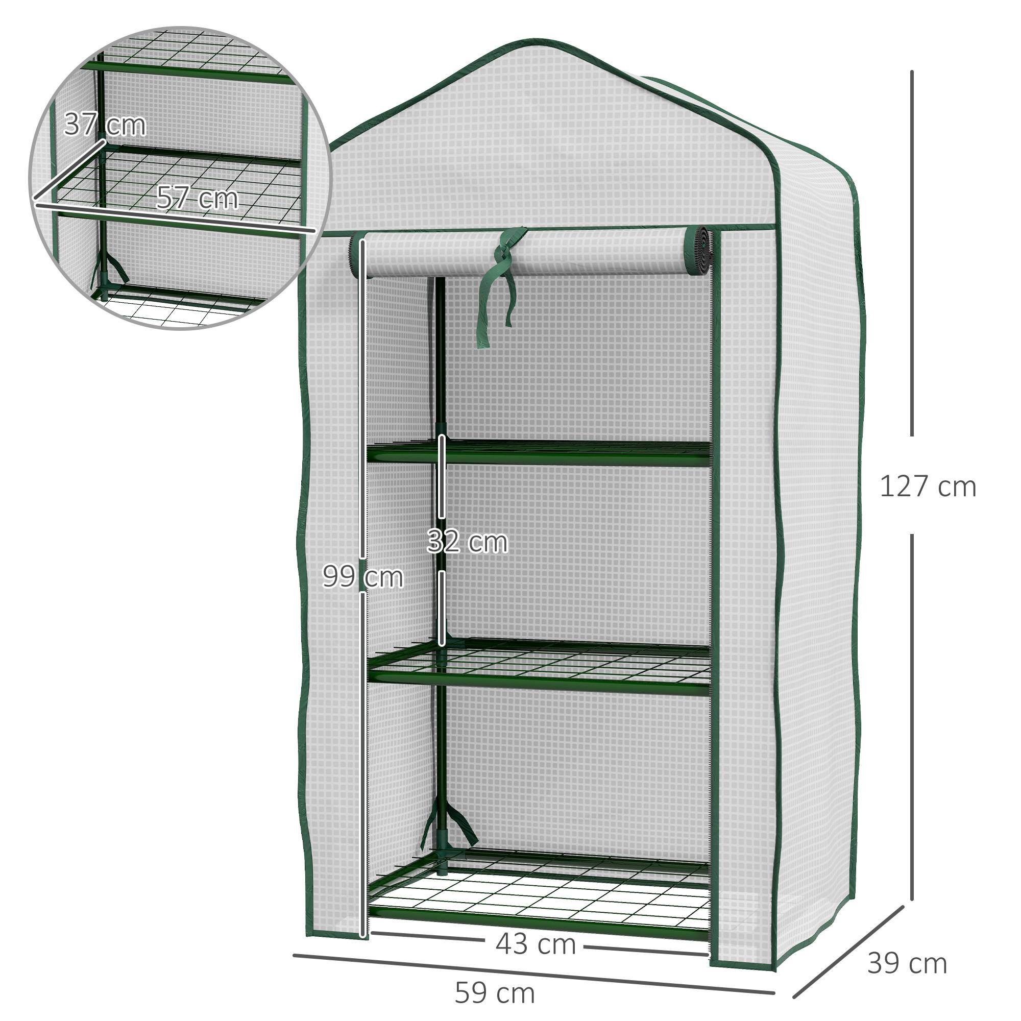 Serre de Jardin étagère 3 Niveaux dim. 59L x 39l x 127H cm métal thermolaqué Vert PE Haute densité 140g/m² Blanc - Image 5