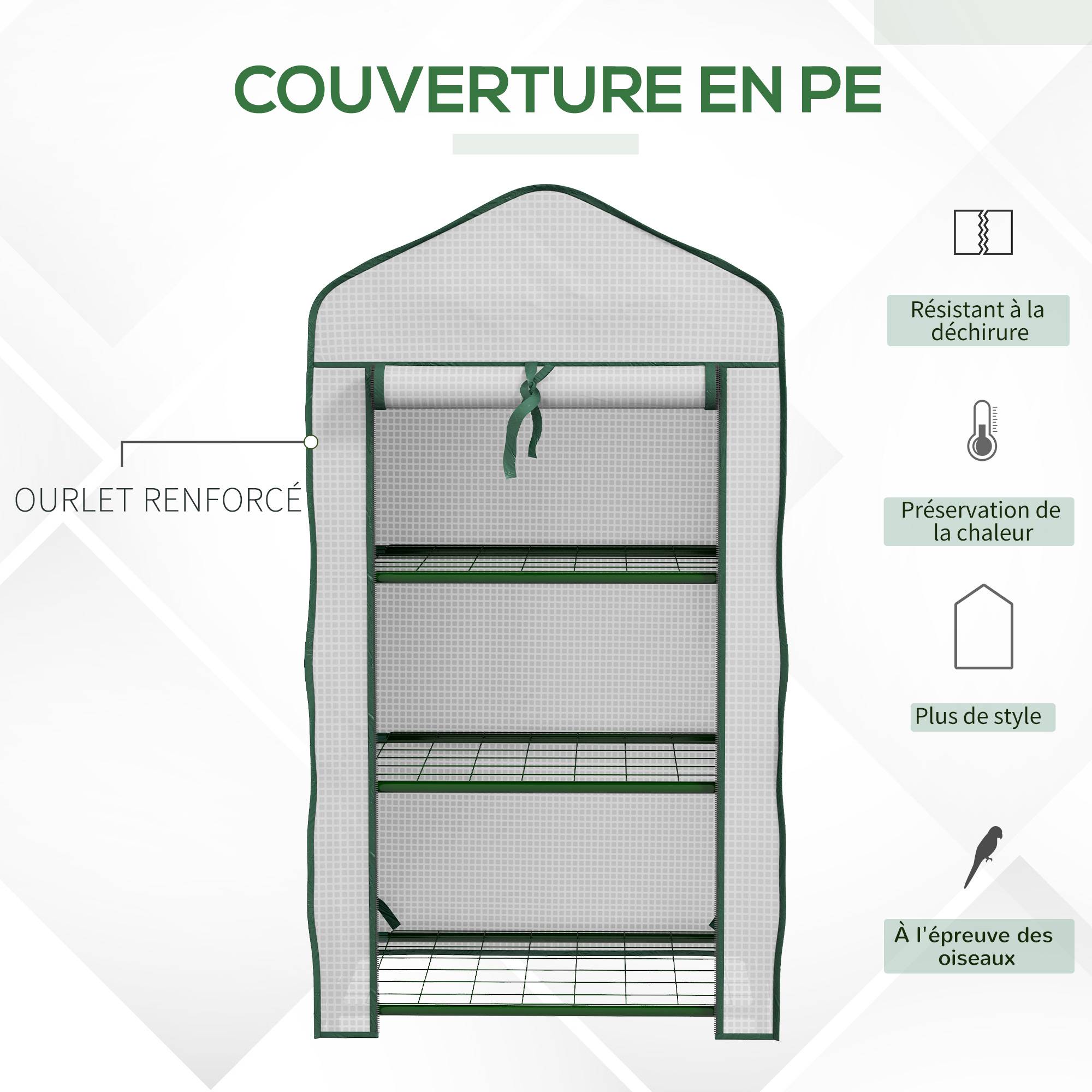 Serre de Jardin étagère 3 Niveaux dim. 59L x 39l x 127H cm métal thermolaqué Vert PE Haute densité 140g/m² Blanc - Image 6