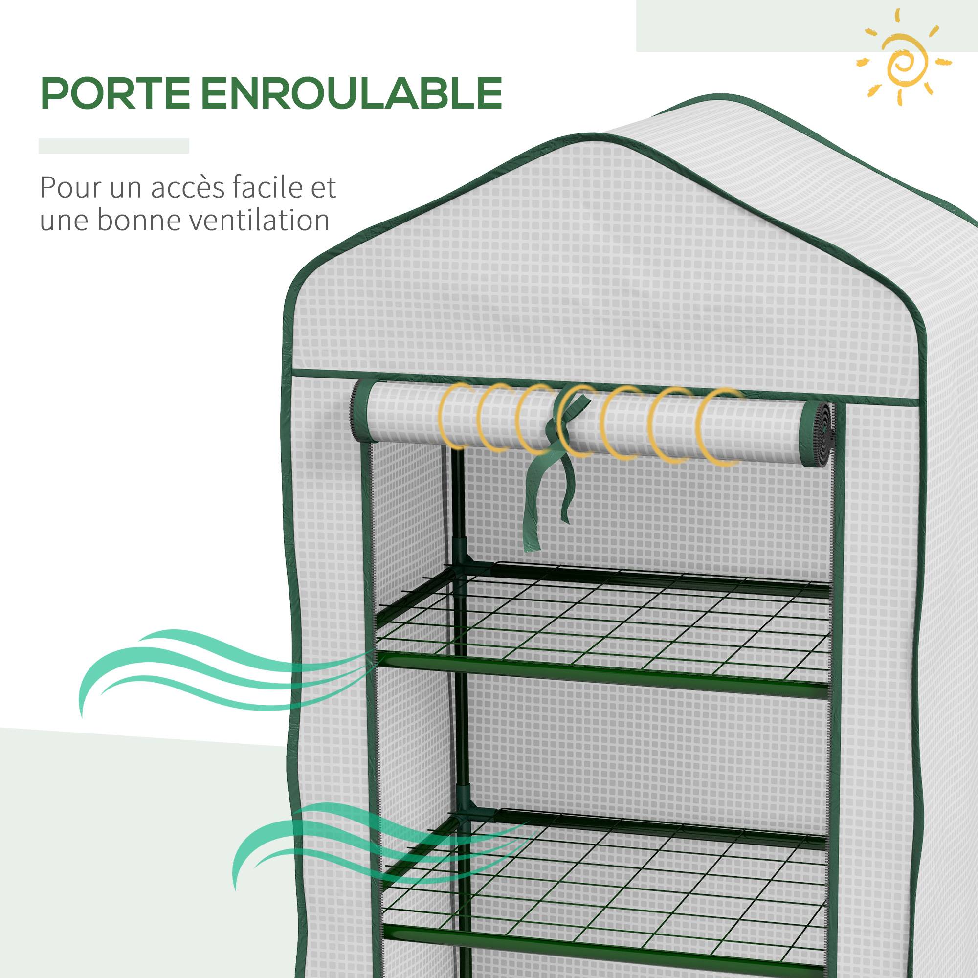 Serre de Jardin étagère 3 Niveaux dim. 59L x 39l x 127H cm métal thermolaqué Vert PE Haute densité 140g/m² Blanc - Image 8