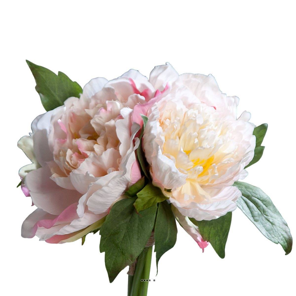 Bouquet de 3 Pivoines Rose epanouies artificielles Corde et feuillage H 26 cm - couleur: Rose-crème - Image 1