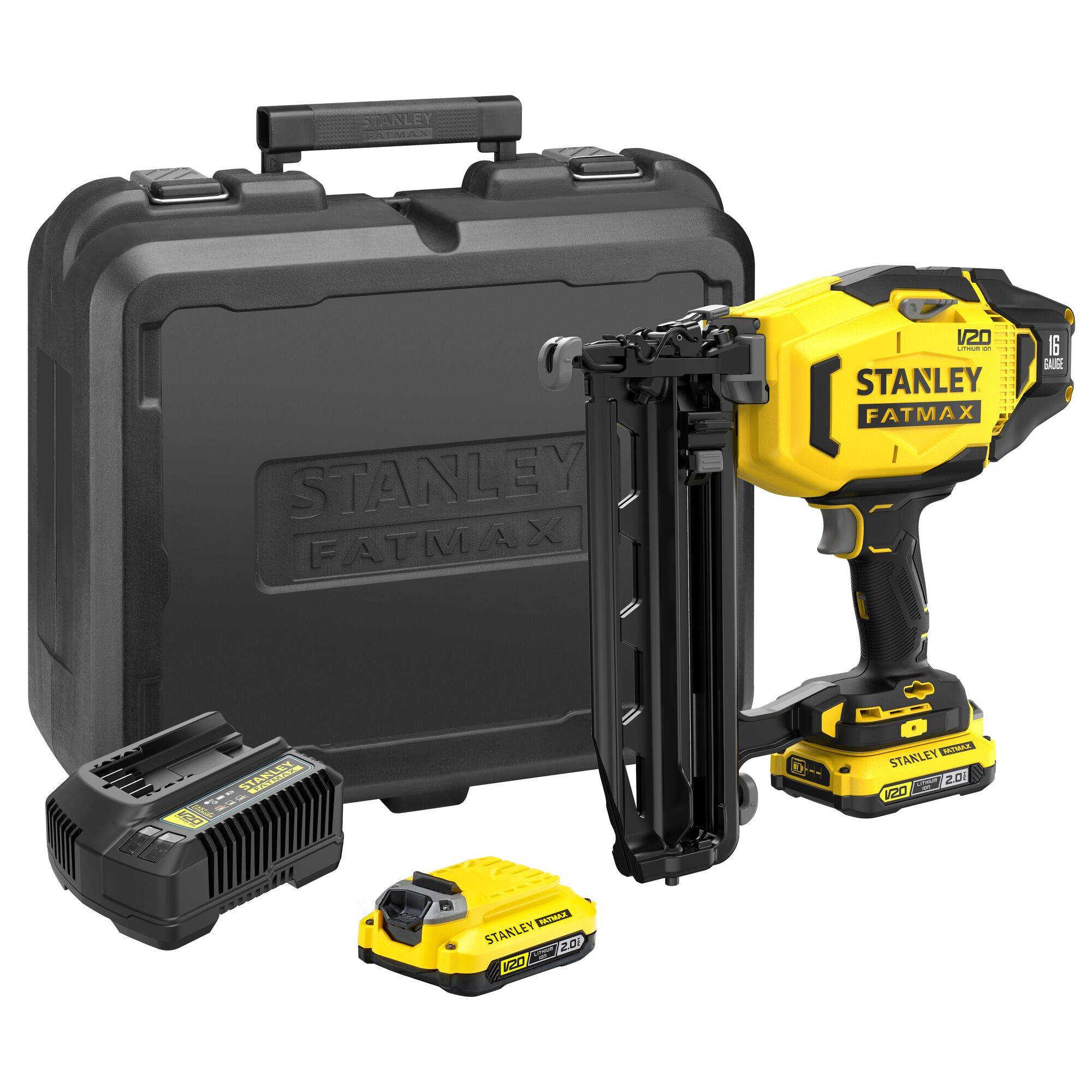 stanley - Cloueur de Finition 16g Sans Fil STANLEY FATMAX V20 SFMCN616D2K-QW avec 2 Batteries Li-Ion 18 V 2,0 Ah, 1 Chargeur et 1 Malette de Transport
