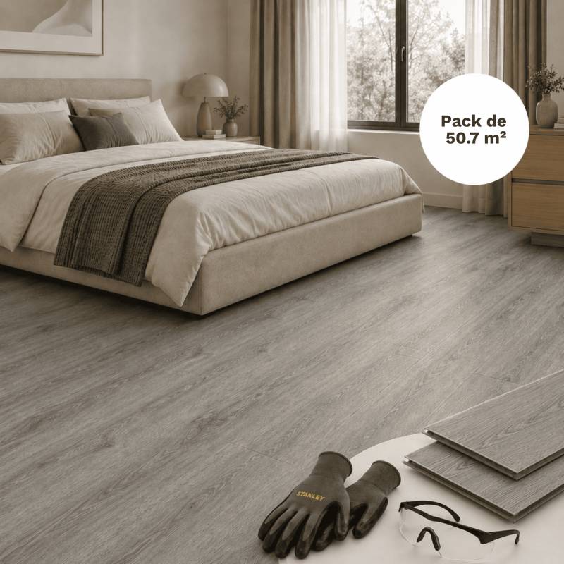 Sol vinyle SPC clipsable 50,7 m² chêne gris - Sous couche intégrée, usure 0,5 mm - Coloris - Chêne gris - Image 1