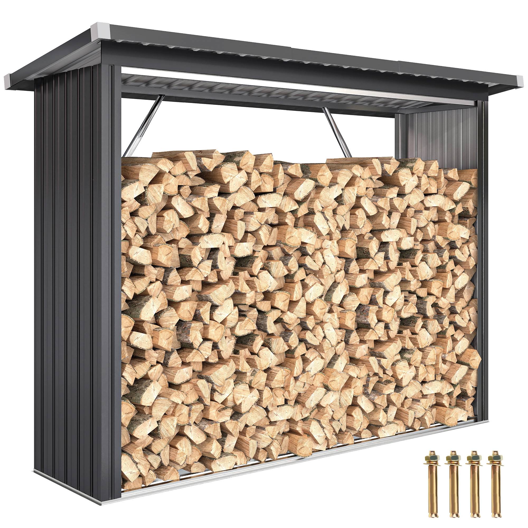 Abri-bûches couvert support pour bois de chauffage plancher surélevé toit incliné, acier galvanisé 213x66,5x150cm gris