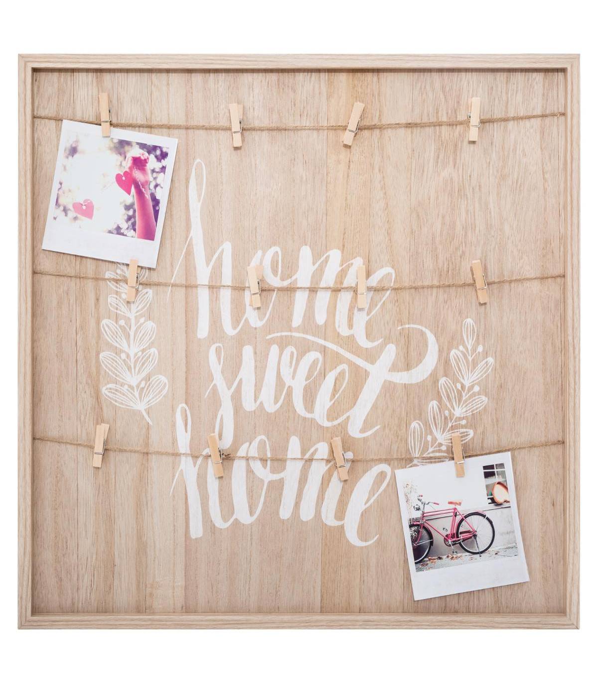 Porte Photos mural en Bois avec suspension cordes et pinces 48 x 48 cm - Imagen 1