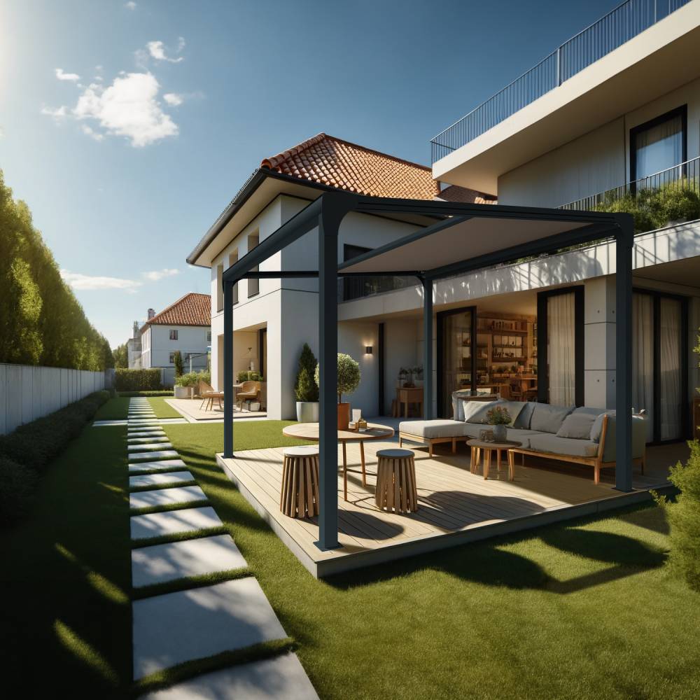 Pergola toile TILA îlot 3,50x3,50m Motorisé à télécommande + manœuvre de secours (Taupe - Gris anthracite) - Alia Productions - Imagen 2