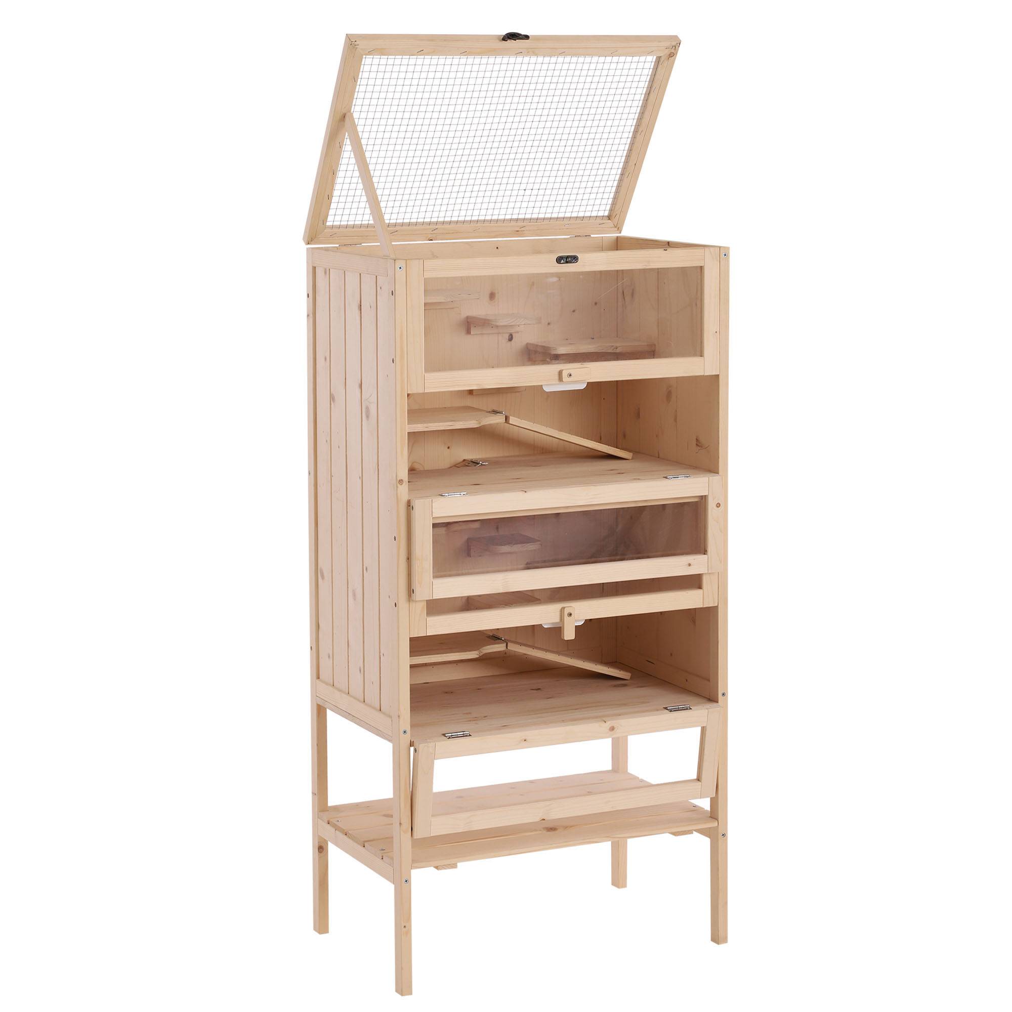 Cage rongeurs bois massif pour hamsters 5 niveaux toit ouvrant 60x40x120cm nature - ComfortXL Outdoor Living - Image 1