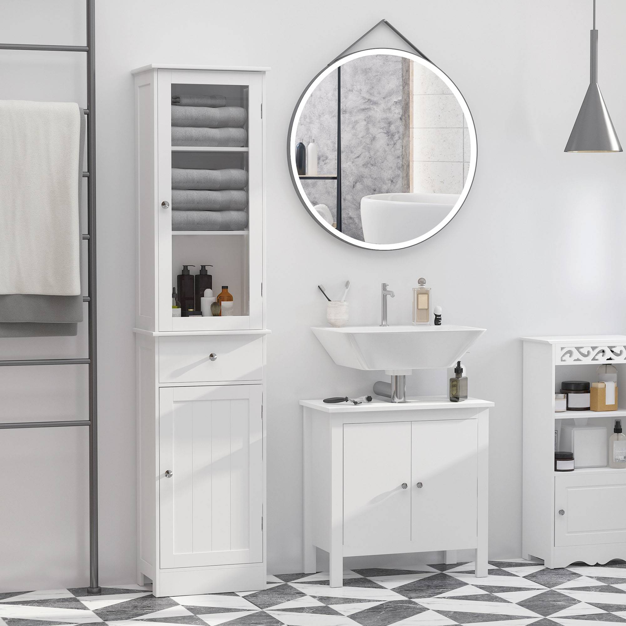 Sans Marque - kleankin Meuble Colonne Salle Bain Placard Porte Acrylique 2 étagères Placard Porte 1 étagère tiroir MDF Blanc - Image 3