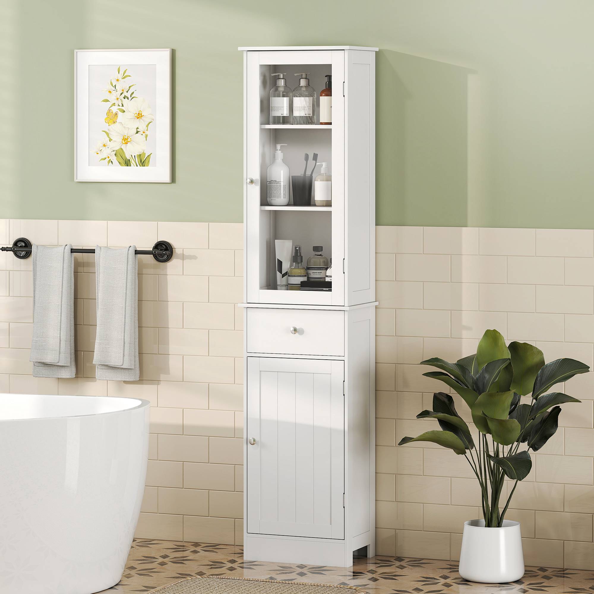 Sans Marque - kleankin Meuble Colonne Salle Bain Placard Porte Acrylique 2 étagères Placard Porte 1 étagère tiroir MDF Blanc - Image 4