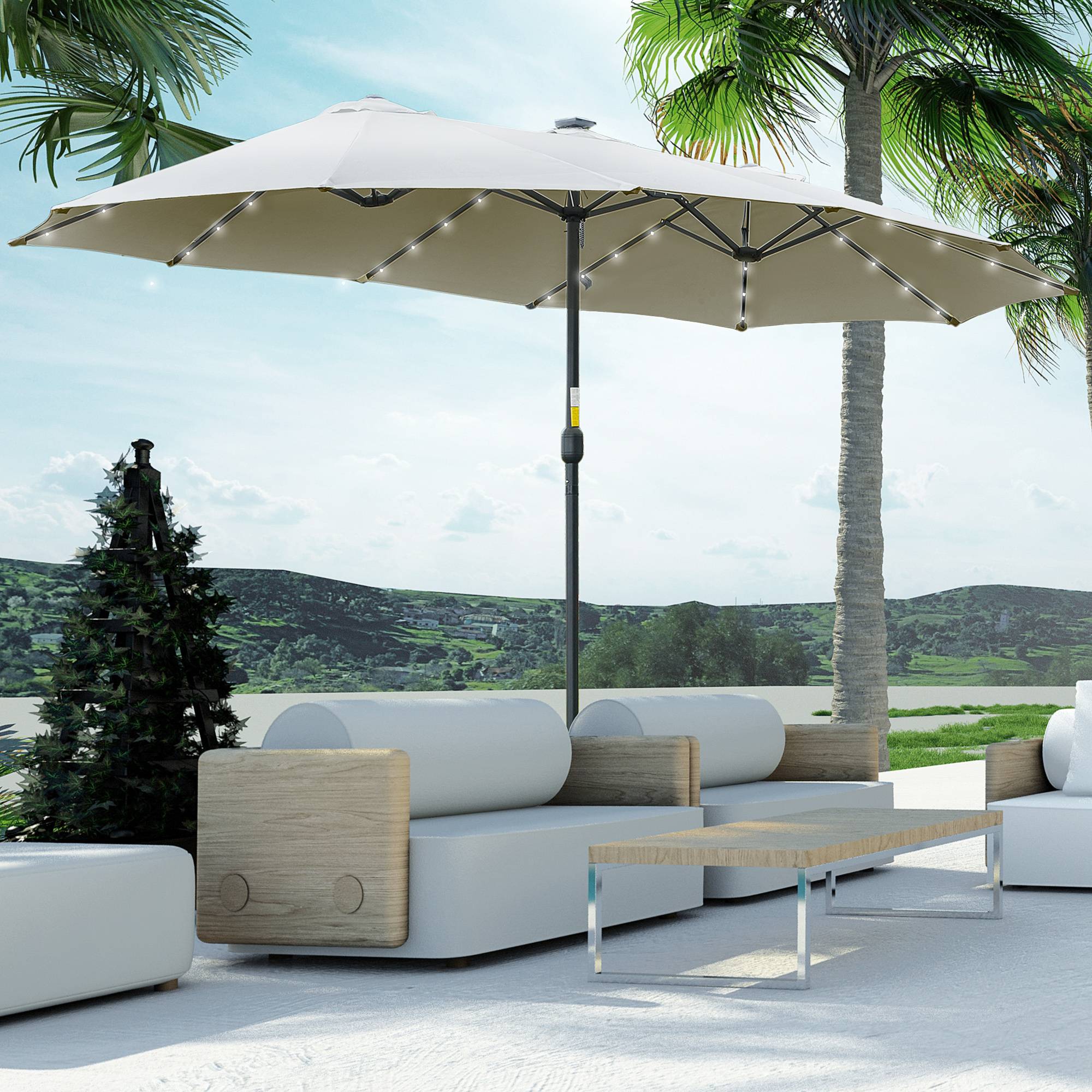 Parasol double 450x265x240 cm, 48 LED, manivelle, protection solaire, terrasse balcon piscine, gris clair - Image 3