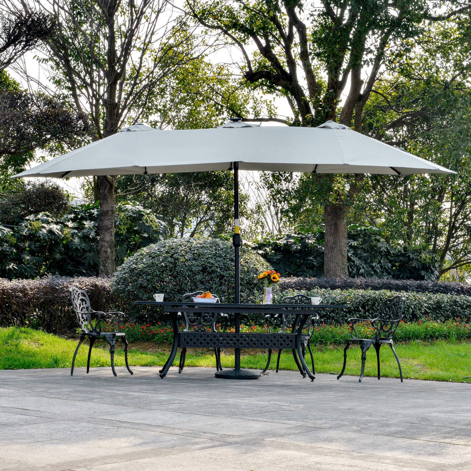 Parasol double 450x265x240 cm, 48 LED, manivelle, protection solaire, terrasse balcon piscine, gris clair - Image 10