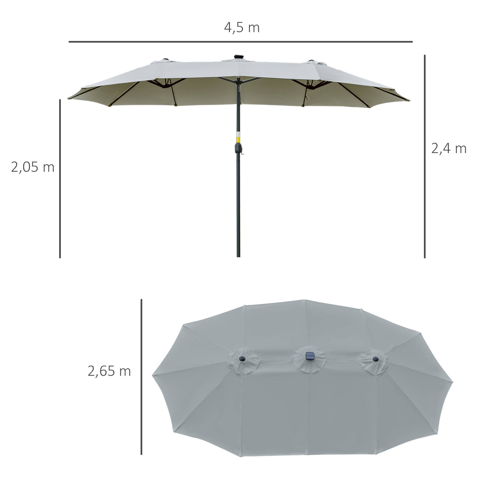 Parasol double 450x265x240 cm, 48 LED, manivelle, protection solaire, terrasse balcon piscine, gris clair - Image 5