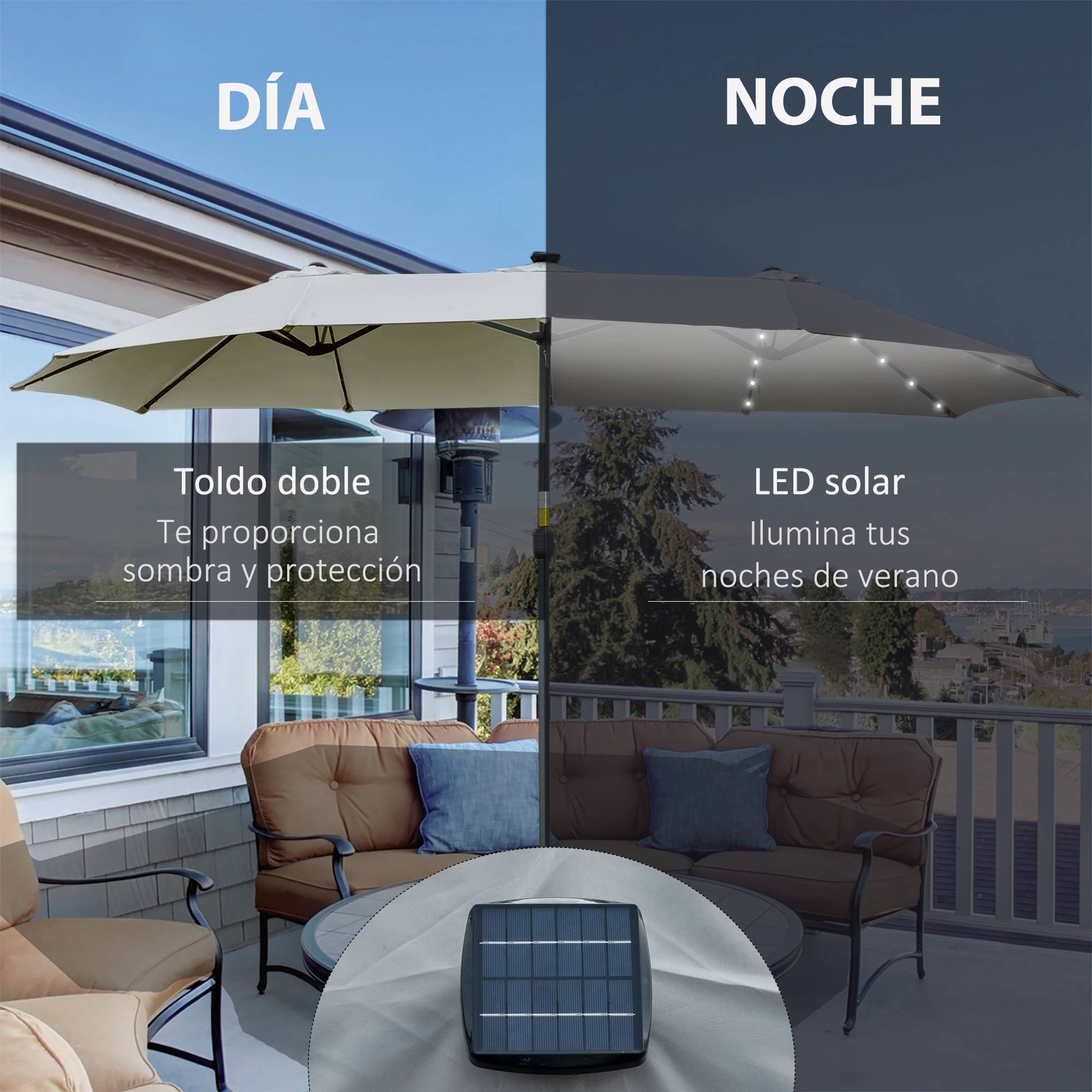 Parasol double 450x265x240 cm, 48 LED, manivelle, protection solaire, terrasse balcon piscine, gris clair - Image 6