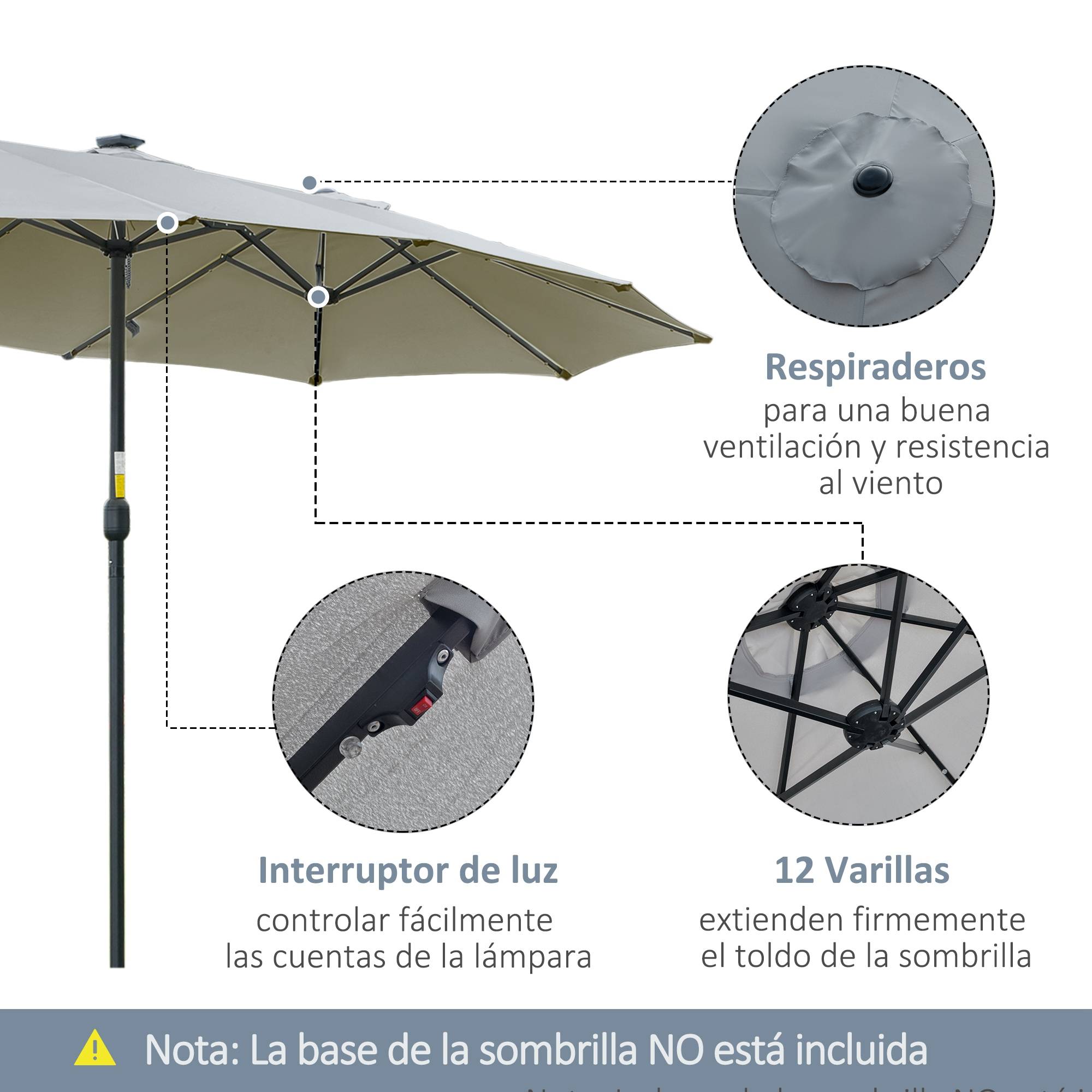 Parasol double 450x265x240 cm, 48 LED, manivelle, protection solaire, terrasse balcon piscine, gris clair - Image 7