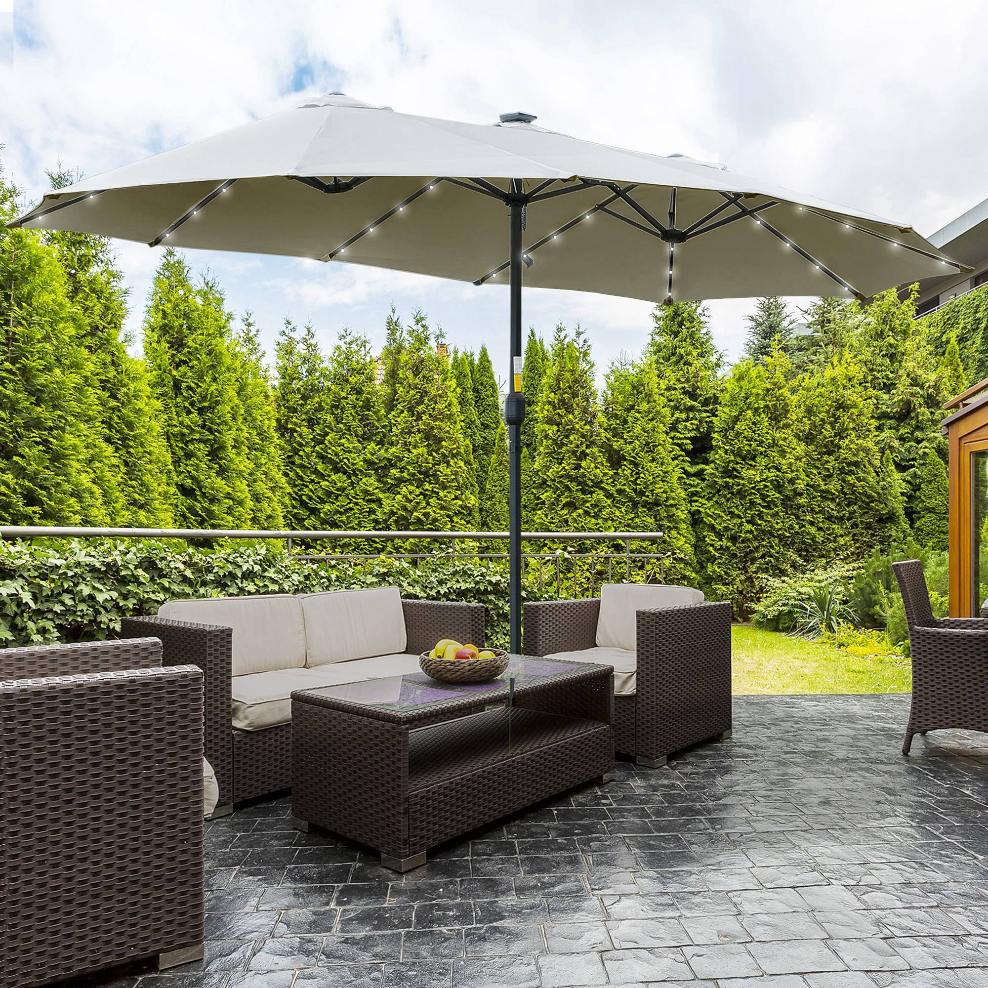 Parasol double 450x265x240 cm, 48 LED, manivelle, protection solaire, terrasse balcon piscine, gris clair - Image 4