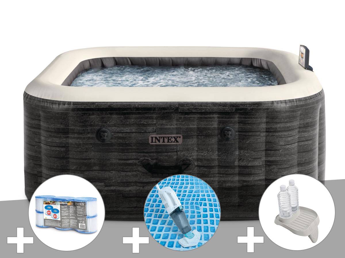 Kit spa gonflable Intex PureSpa Ardoise carré Bulles 4 places + 6 filtres + Aspirateur + Porte-verre