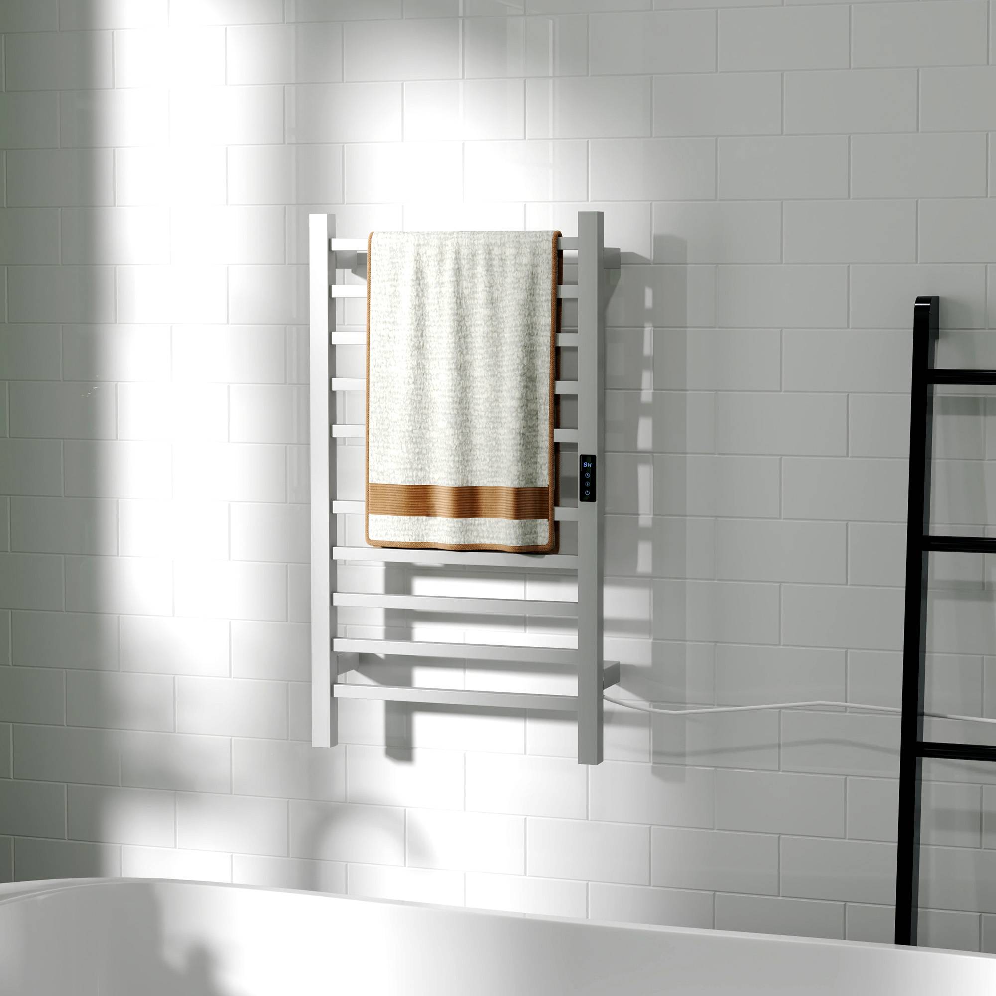 Sèche-serviettes électrique intelligent 10 barres minuterie écran LCD, acier inoxydable, 45x11x80cm, blanc - Image 10