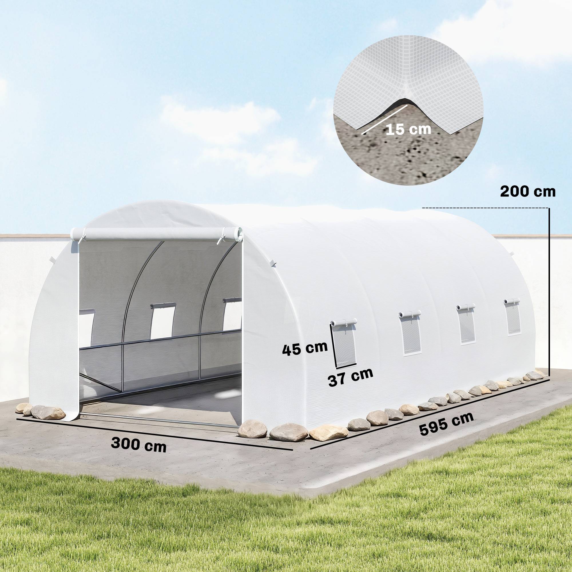 Serre de Jardin Tunnel 18m² Armature Métal et Bâche PE 8 Fenêtres 6x3x2 m Blanc - ComfortXL Outdoor Living - Image 5