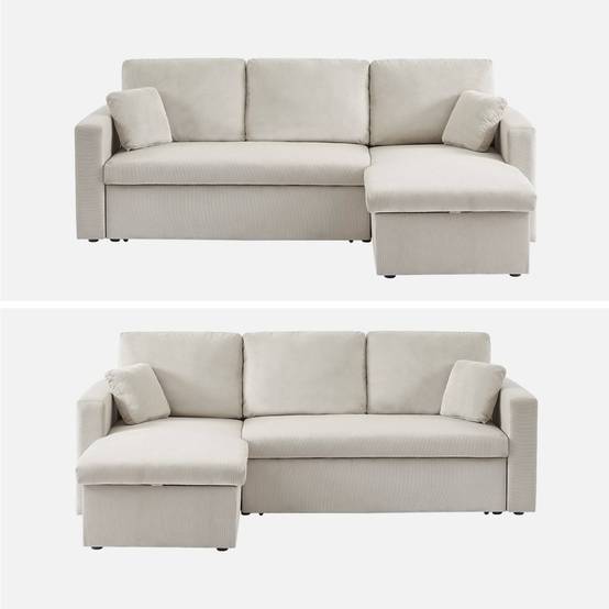 sweeek - Canapé d'angle convertible en velours côtelé grège - IDA - 3 places. fauteuil d'angle réversible coffre rangement lit modulable | sweeek - Image 5
