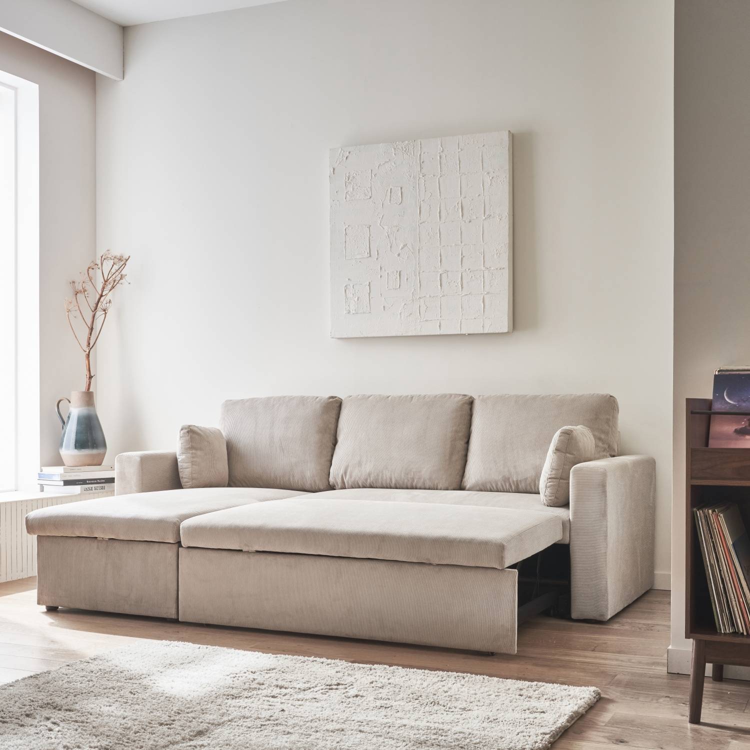 sweeek - Canapé d'angle convertible en velours côtelé grège - IDA - 3 places. fauteuil d'angle réversible coffre rangement lit modulable | sweeek - Image 1