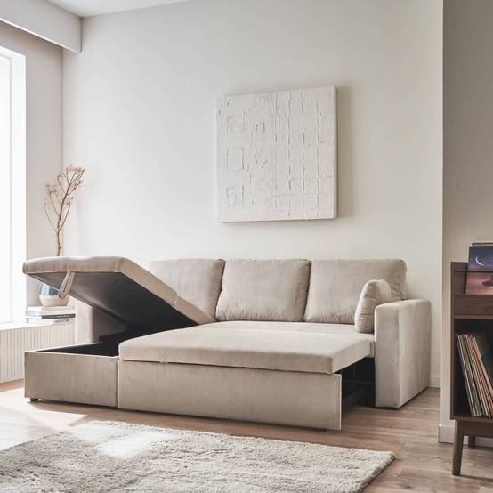 sweeek - Canapé d'angle convertible en velours côtelé grège - IDA - 3 places. fauteuil d'angle réversible coffre rangement lit modulable | sweeek - Image 3