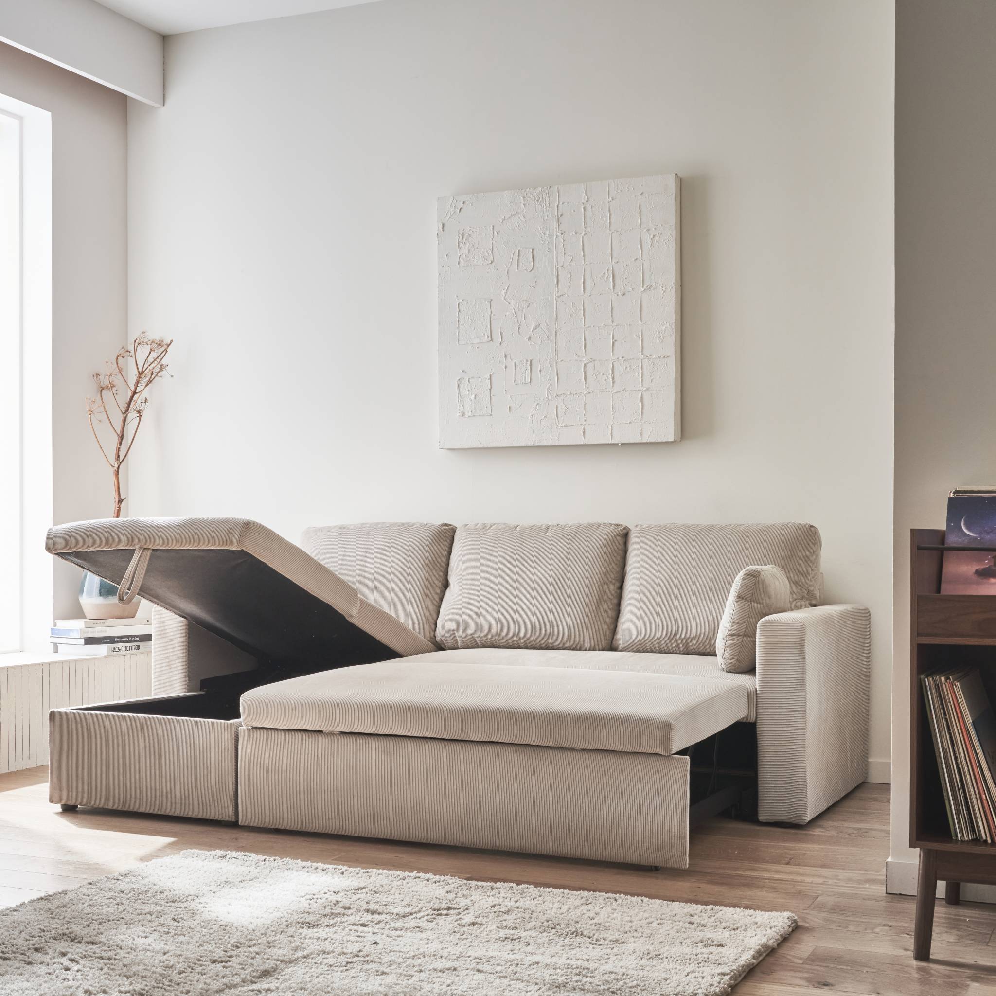 sweeek - Canapé d'angle convertible en velours côtelé grège - IDA - 3 places. fauteuil d'angle réversible coffre rangement lit modulable  | sweeek - Image 3