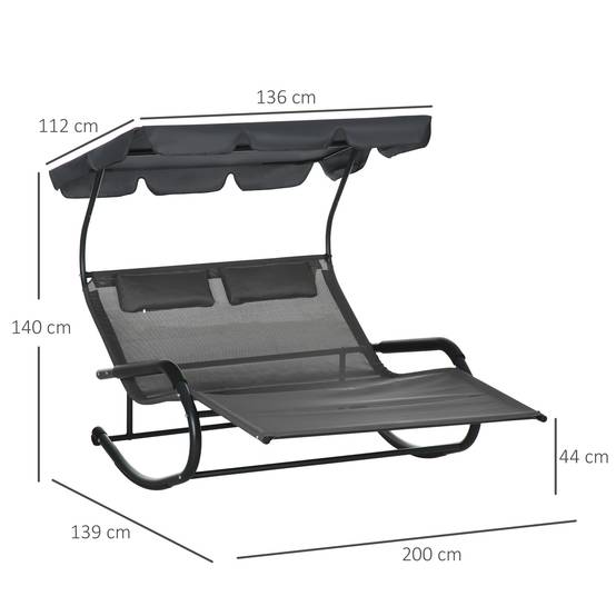 Transat double acier pour jardin à bascule avec auvent et roulettes 200x139cm Gris foncé - ComfortXL Outdoor Living - Image 3