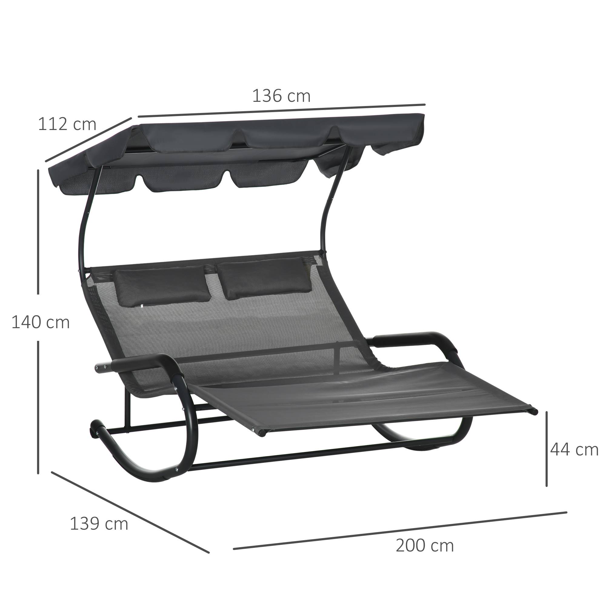 Transat double acier pour jardin à bascule avec auvent et roulettes 200x139cm Gris foncé - ComfortXL Outdoor Living - Image 3