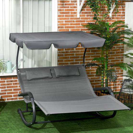 Transat double acier pour jardin à bascule avec auvent et roulettes 200x139cm Gris foncé - ComfortXL Outdoor Living - Image 1