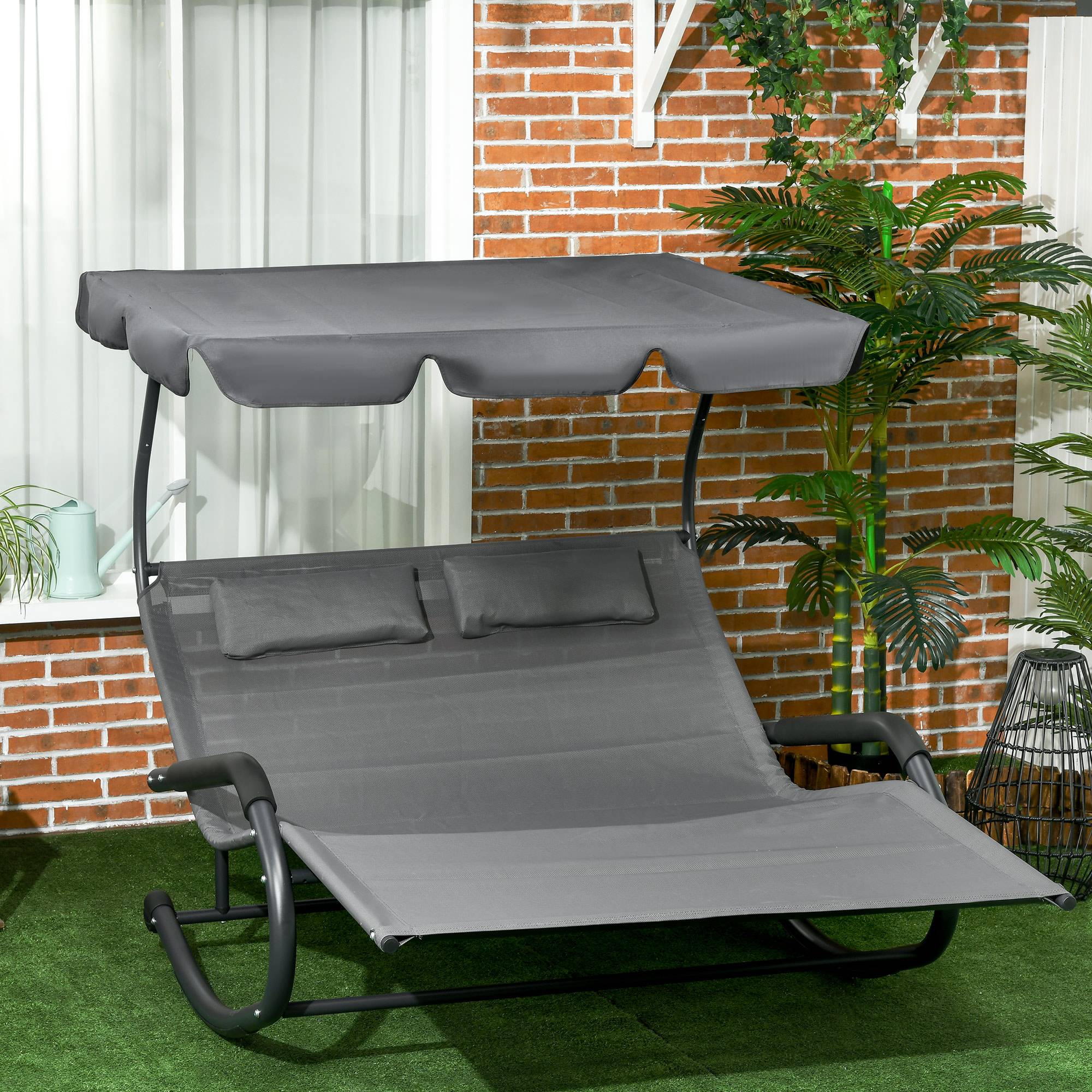 Transat double acier pour jardin à bascule avec auvent et roulettes 200x139cm Gris foncé - ComfortXL Outdoor Living - Image 1