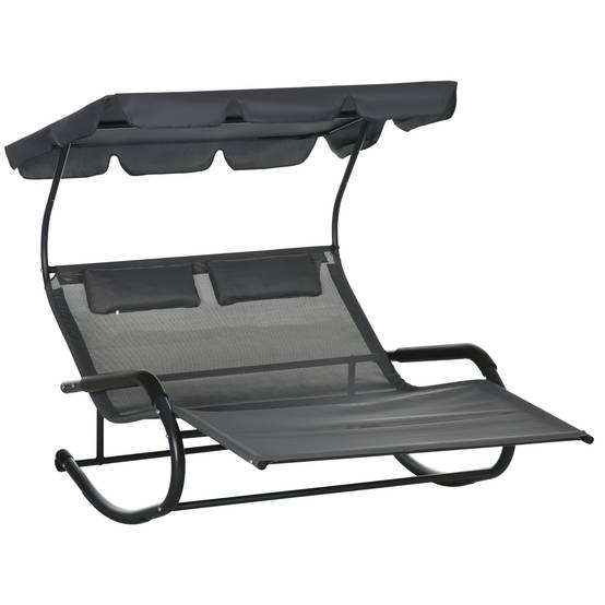 Transat double acier pour jardin à bascule avec auvent et roulettes 200x139cm Gris foncé - ComfortXL Outdoor Living - Image 2