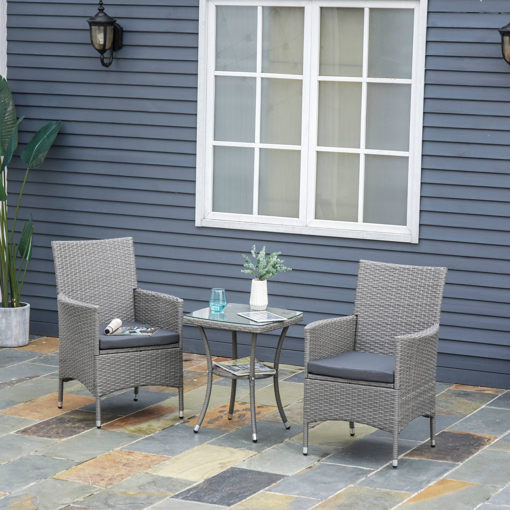 ComfortXL - Salon de jardin 2 places en résine tressée grise métal 3 pièces pour balcon avec coussins et table en verre - Image 1