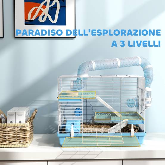 Petite Cage Acier PP Hamsters 3 Niveaux Avec Poignée Tubes 47x31x29cm Bleu - ComfortXL Outdoor Living - Image 7
