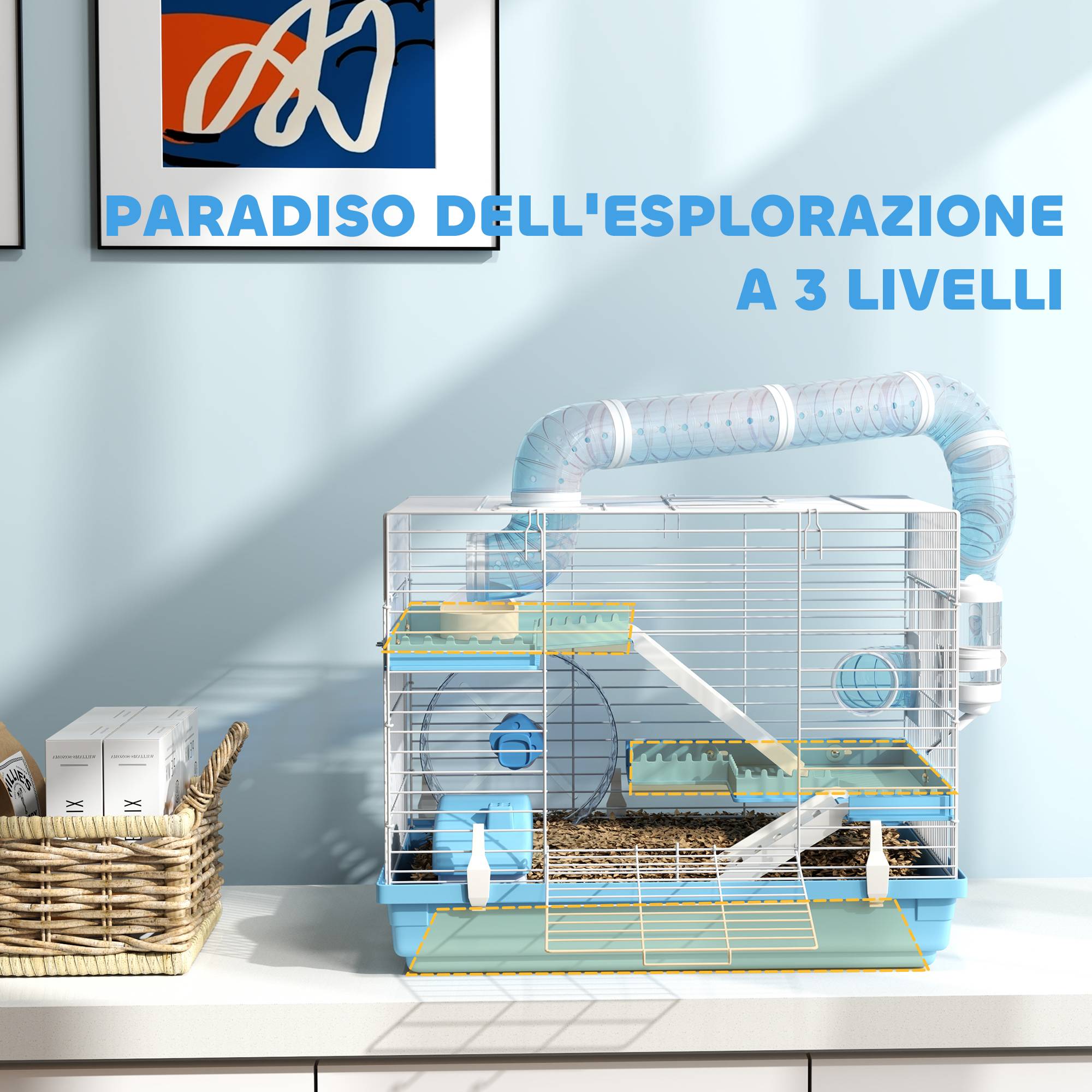Petite Cage Acier PP Hamsters 3 Niveaux Avec Poignée Tubes 47x31x29cm Bleu - ComfortXL Outdoor Living - Image 7