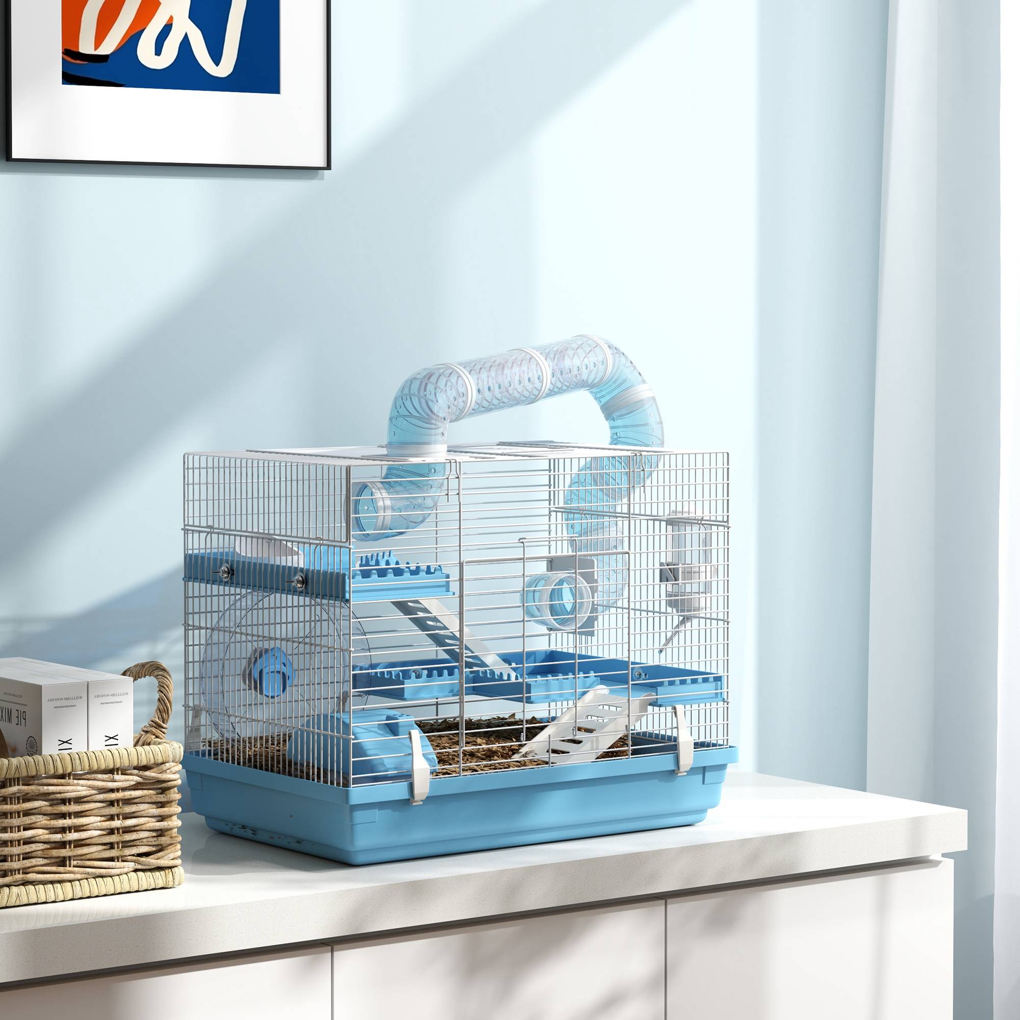 Petite Cage Acier PP Hamsters 3 Niveaux Avec Poignée Tubes 47x31x29cm Bleu - ComfortXL Outdoor Living - Image 4