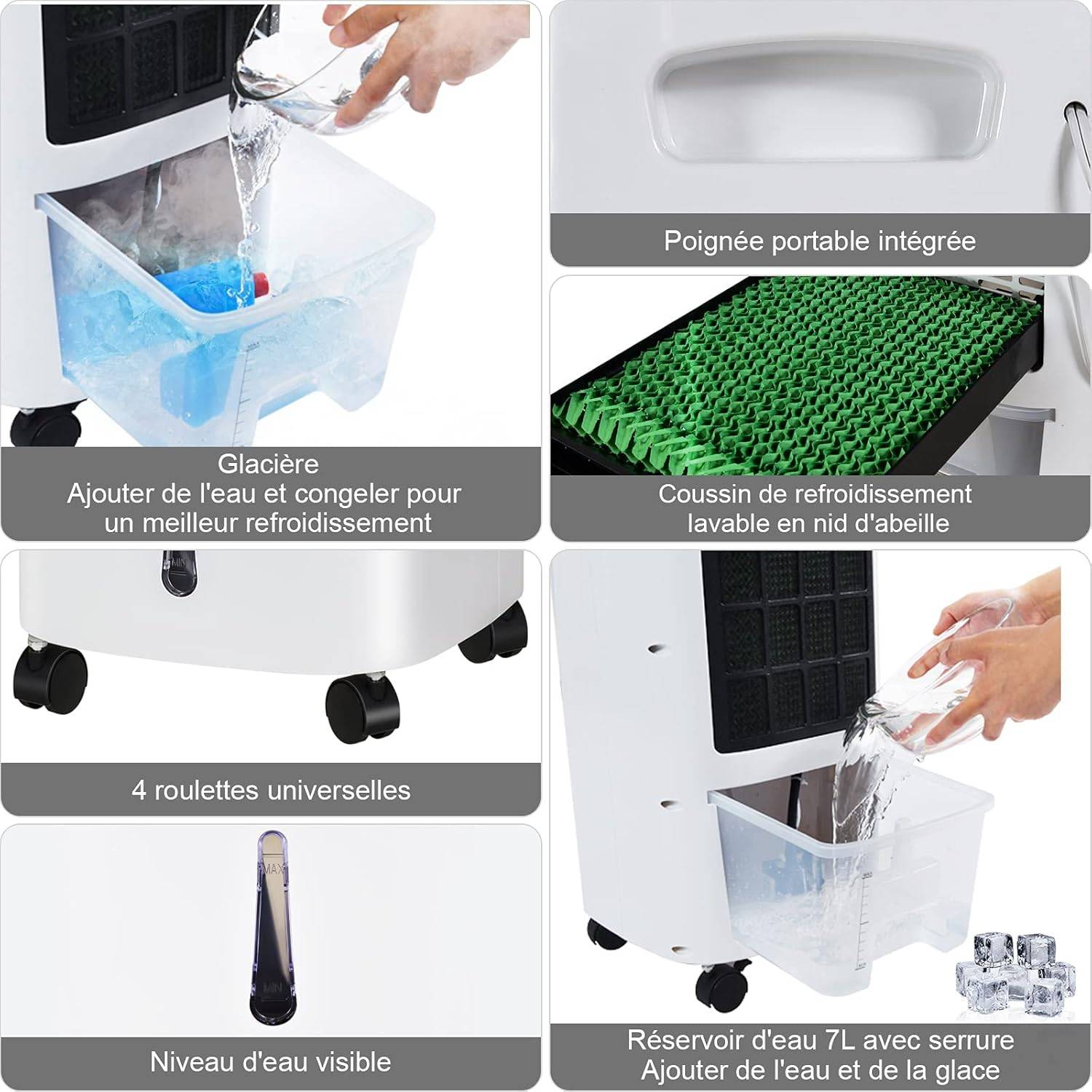 Climatiseur Mobile Silencieux 4-en-1, Réservoir d'Eau de 7L, Rafraîchisseur d'Air avec Télécommandé, Ventilateur à 3Vitesses, Minuterie de 7,5H - Image 6