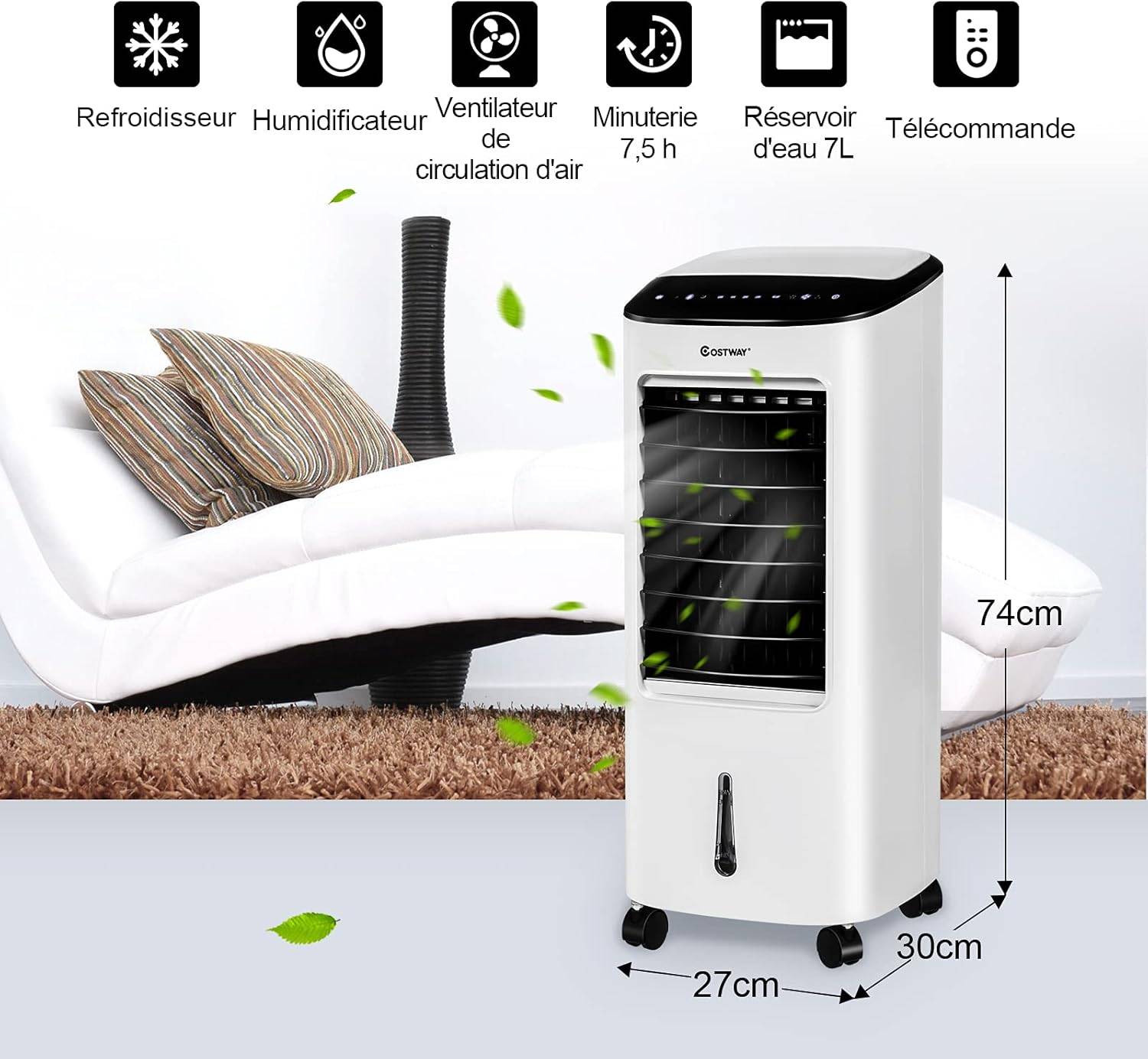 Climatiseur Mobile Silencieux 4-en-1, Réservoir d'Eau de 7L, Rafraîchisseur d'Air avec Télécommandé, Ventilateur à 3Vitesses, Minuterie de 7,5H - Image 3