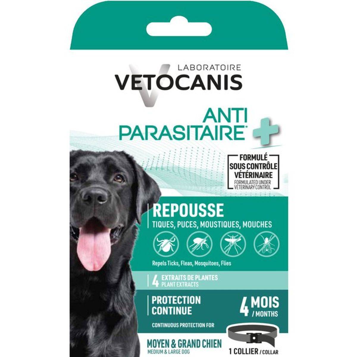 Collier anti-parasitaire VETOCANIS pour chien adulte 75 cm noir - anti-puces, tiques, moustiques, mouches - Image 1