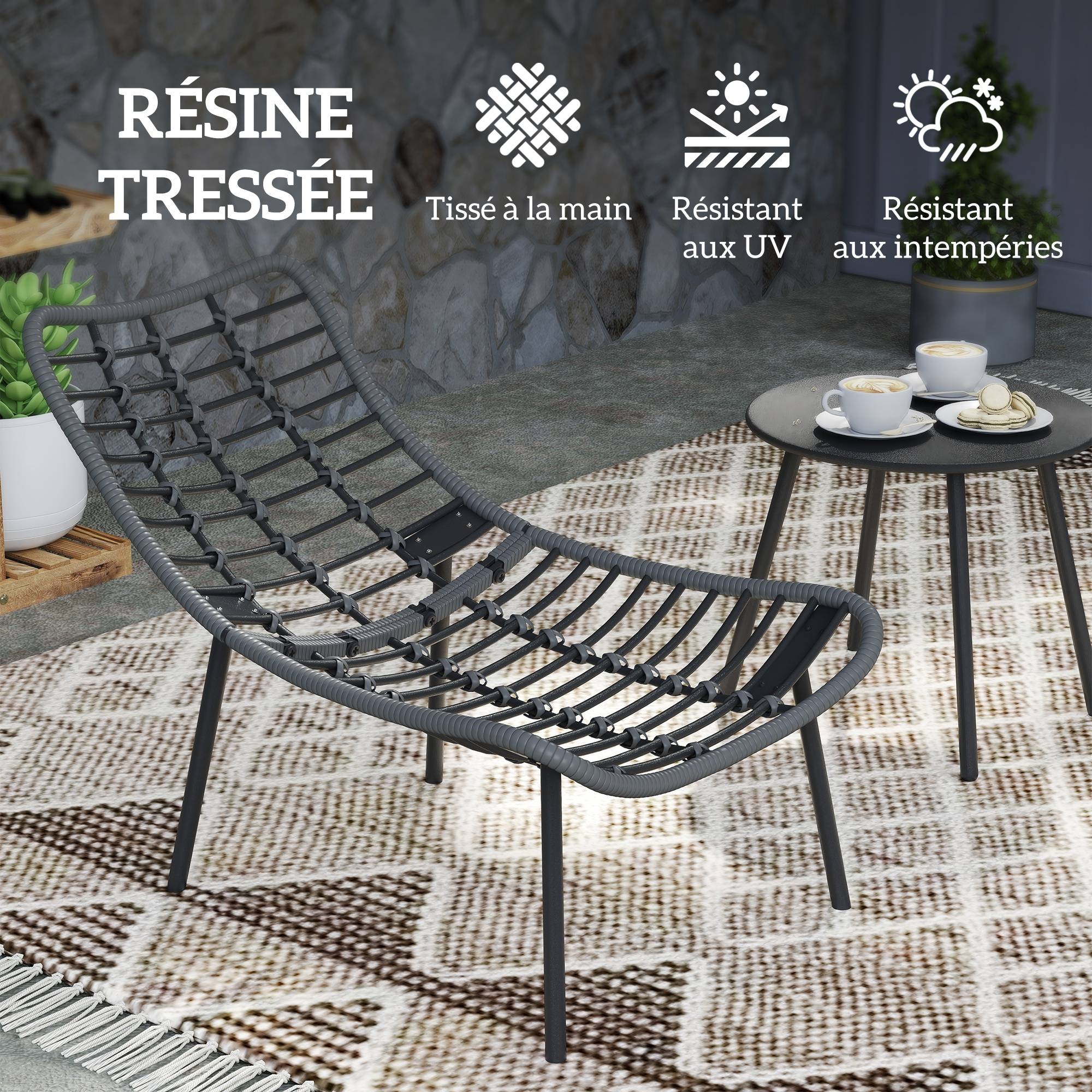 Salon de jardin extérieur en résine ensemble table et chaises d'extérieur pour 2 personne table 2 fauteuil pliables gris - Image 8