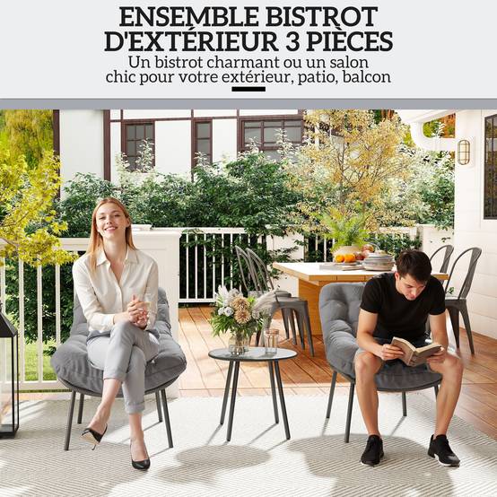 Salon de jardin extérieur en résine ensemble table et chaises d'extérieur pour 2 personne table 2 fauteuil pliables gris - Image 6