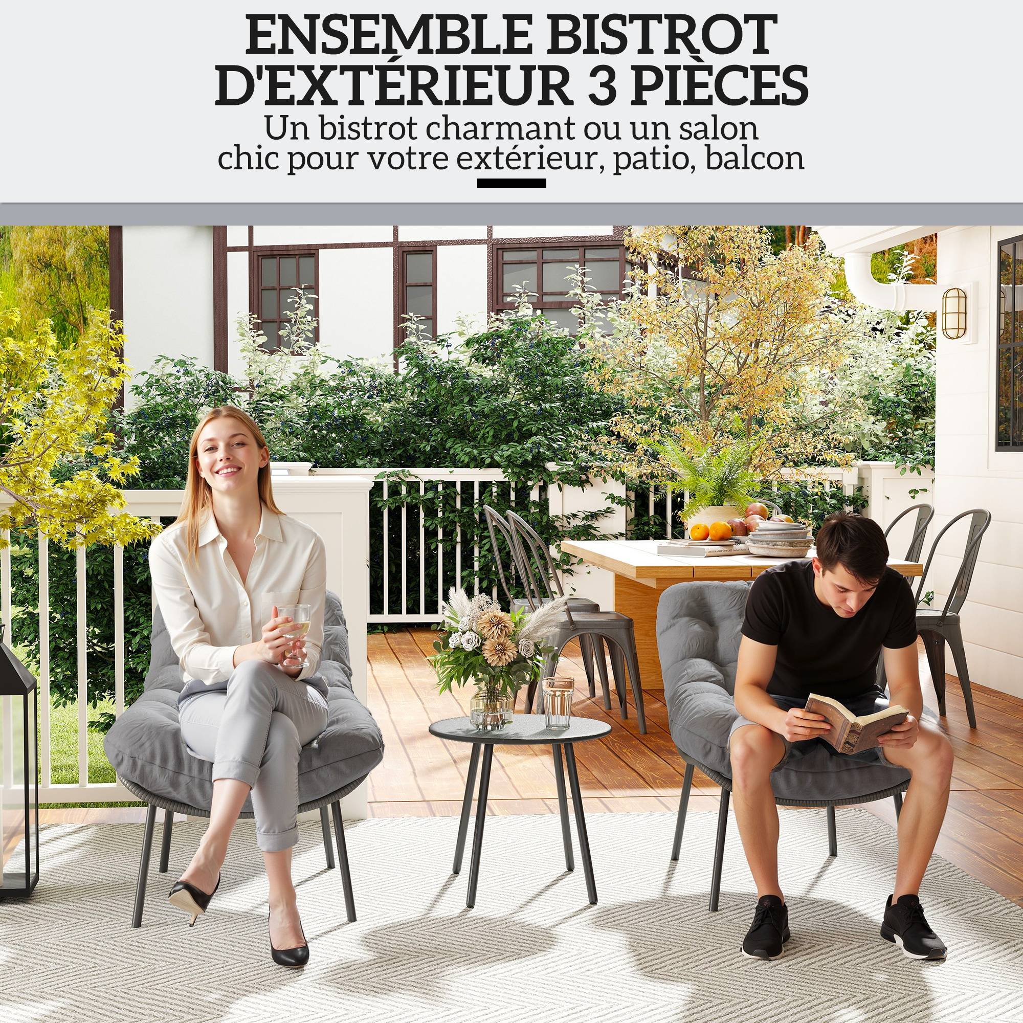 Salon de jardin extérieur en résine ensemble table et chaises d'extérieur pour 2 personne table 2 fauteuil pliables gris - Image 6