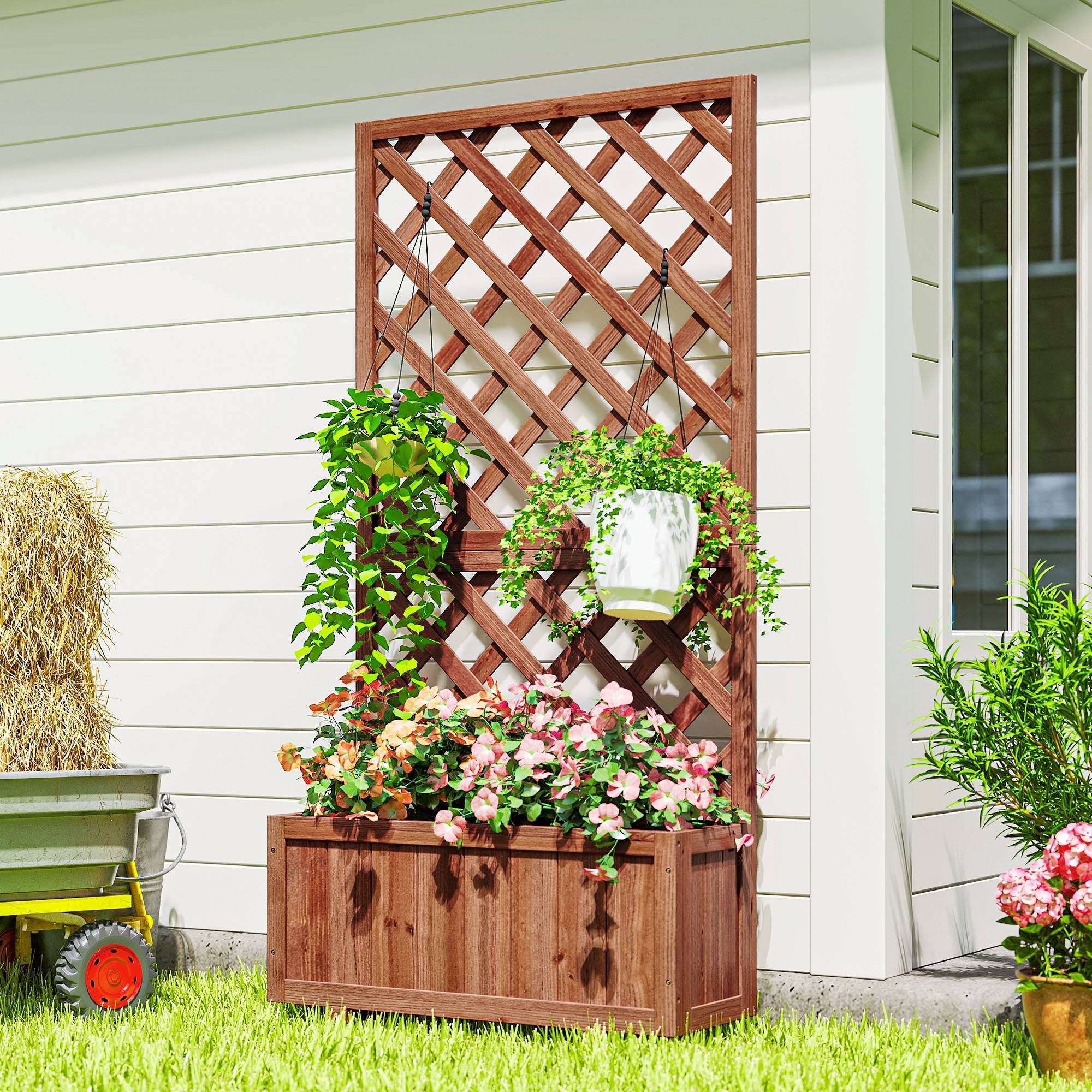Bac surélevé avec treillis, espalier, jardinière bois, 72,5x31,5x149,5 cm, orange - Image 4