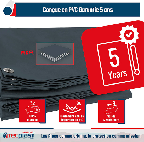 Bâche PVC LP506 anti UV étanche 8x9 m - Gris - TECPLAST - PR1717 - Imagen 6