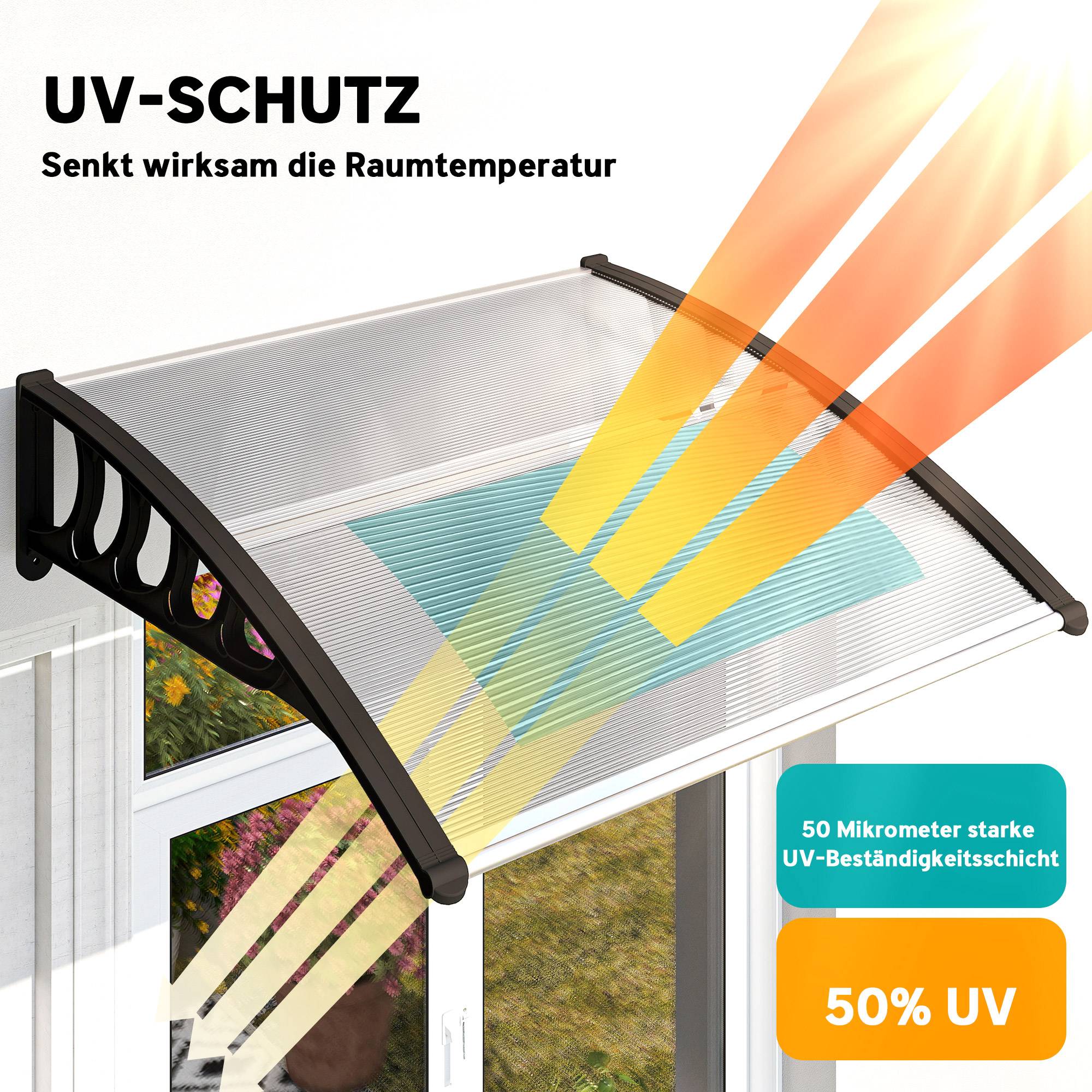 Auvent de porte polycarbonate transparent entrée protection pluie 103x96cm noir - ComfortXL Outdoor Living - Image 6