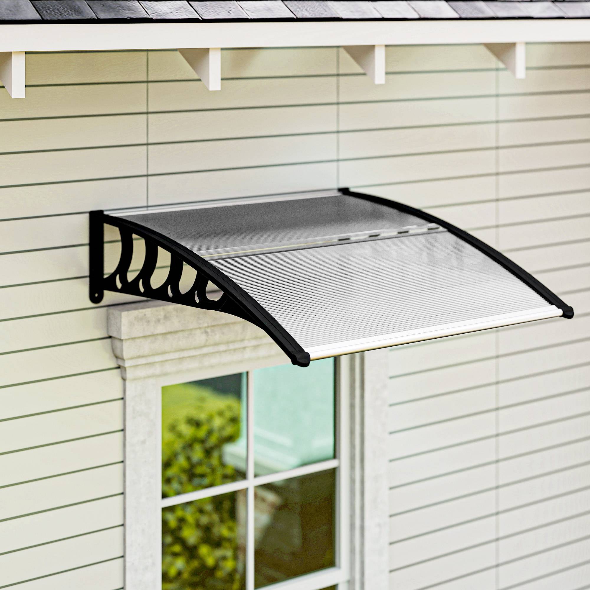 Auvent de porte polycarbonate transparent entrée protection pluie 103x96cm noir - ComfortXL Outdoor Living - Image 4