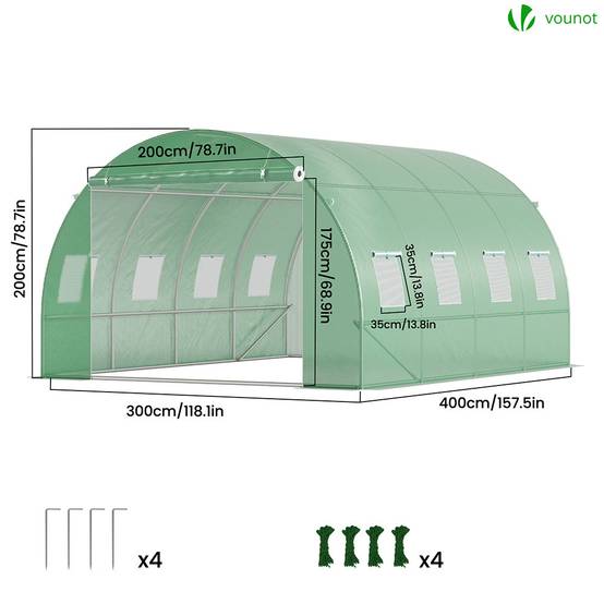 Vounot - Serre de jardin tunnel 12m² en acier galvanisé - 4L x 3l x 2H m - fenêtre anti-moustiquaire, porte enroulable, barre anti-tempête - Image 5