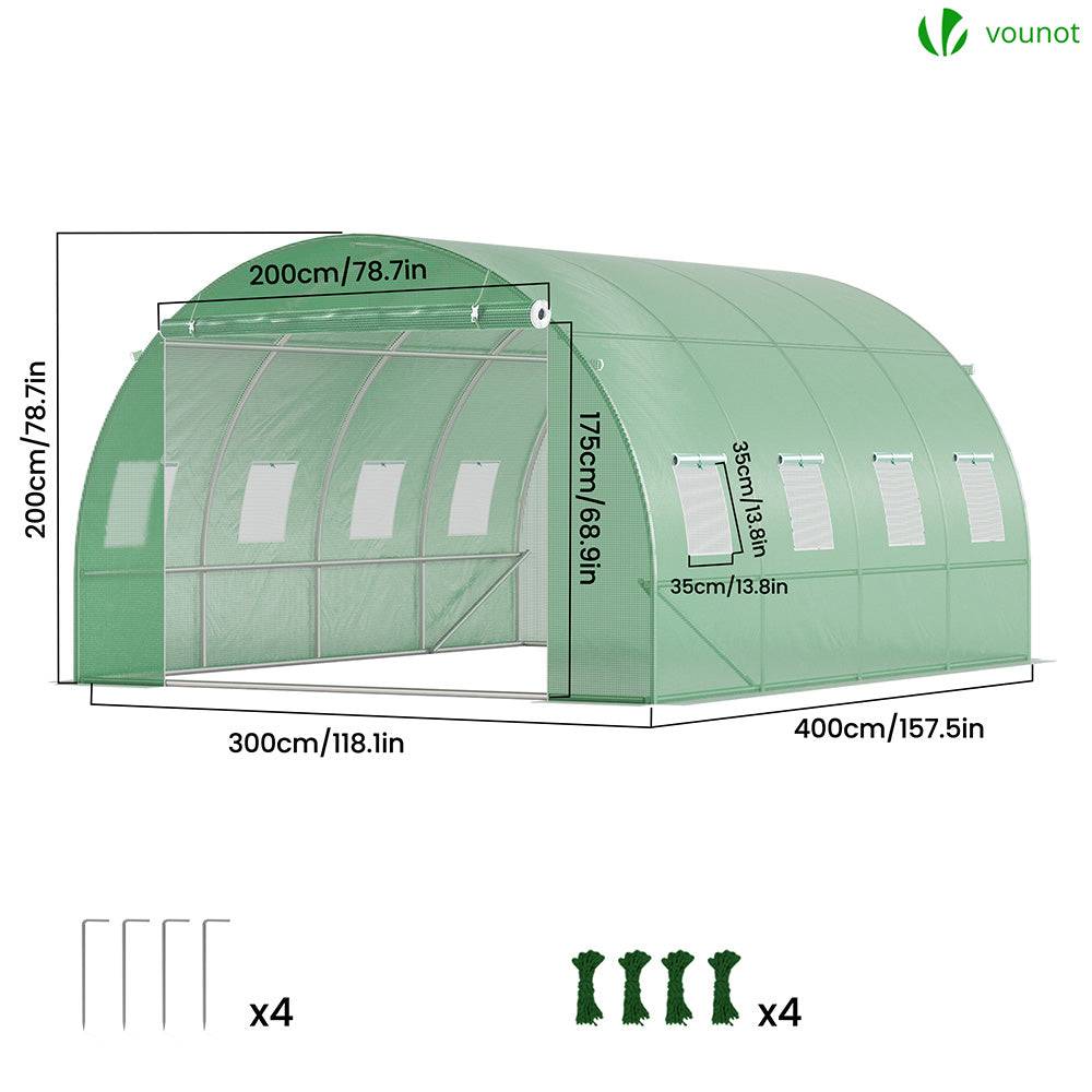 Vounot - Serre de jardin tunnel 12m² en acier galvanisé - 4L x 3l x 2H m - fenêtre anti-moustiquaire, porte enroulable, barre anti-tempête - Image 5
