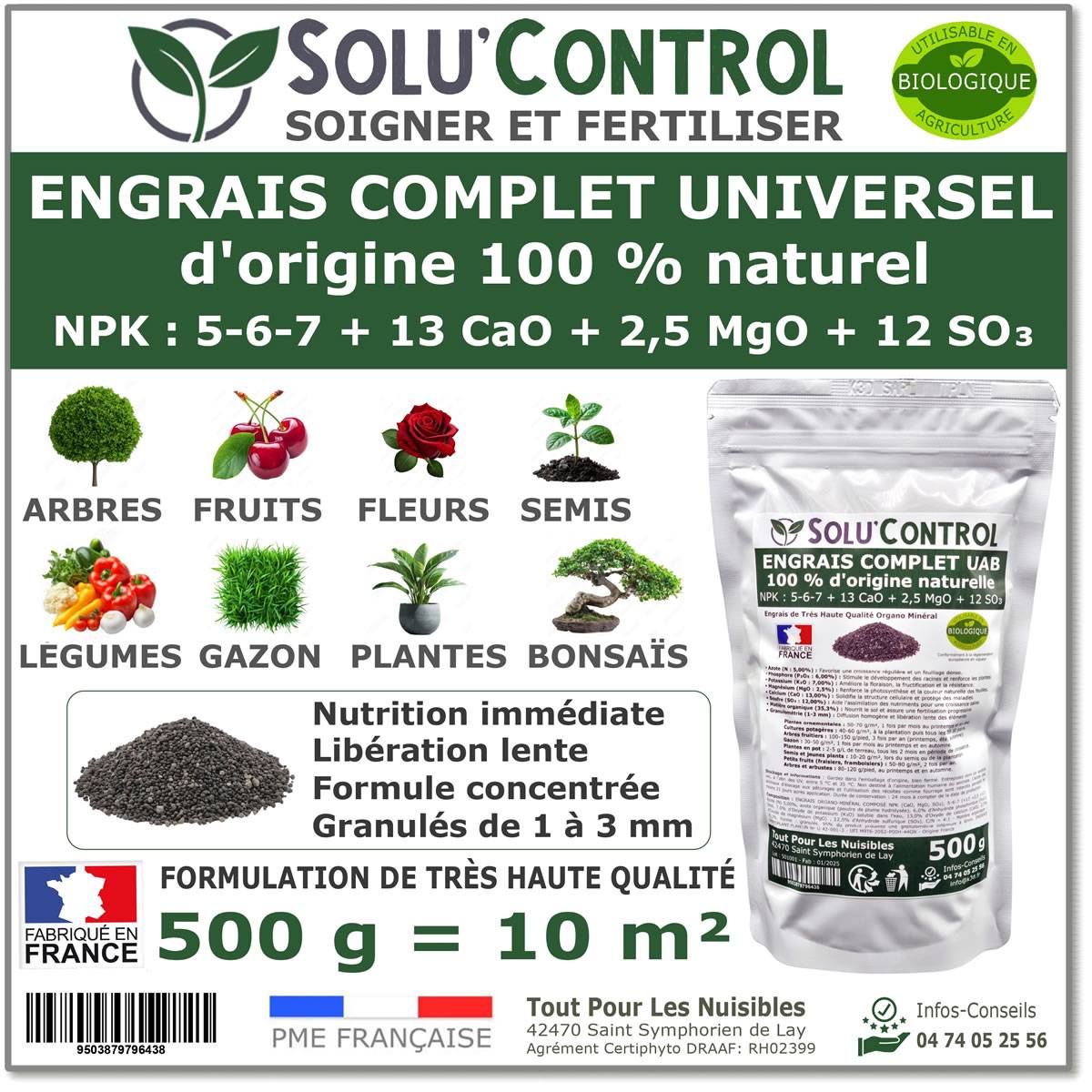 SOLU’CONTROL - 500 g d'ENGRAIS COMPLET universel et équilibré - UAB - Utilisable en Agriculture Biologique
