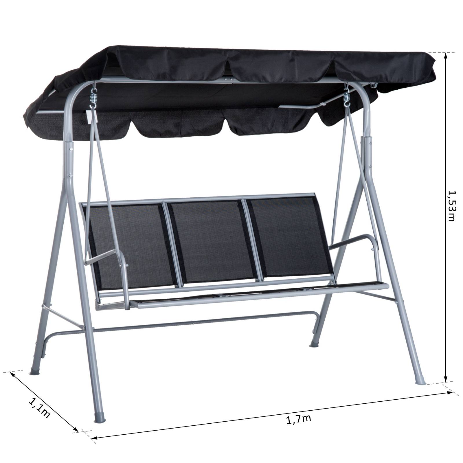 Outsunny - Balancelle de jardin 3 places grand confort toit imperméabilisé inclinaison réglable assise et dossier ergonomique acier textilène noir - Outsunny - Imagen 4