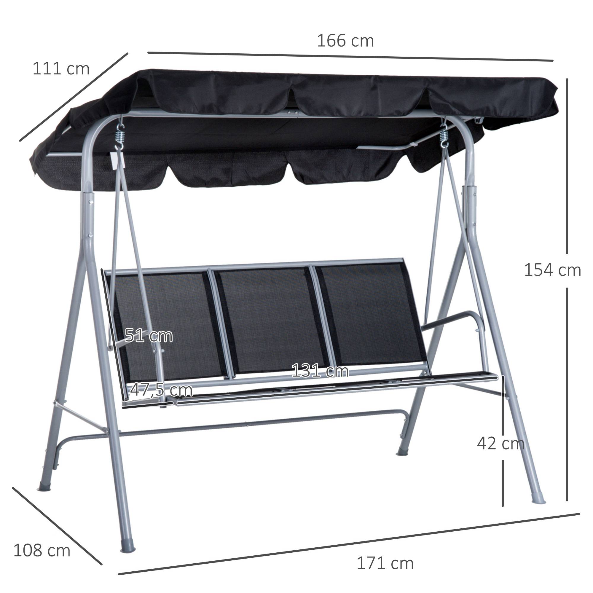 Outsunny - Balancelle de jardin 3 places grand confort toit imperméabilisé inclinaison réglable assise et dossier ergonomique acier textilène noir - Outsunny - Imagen 3
