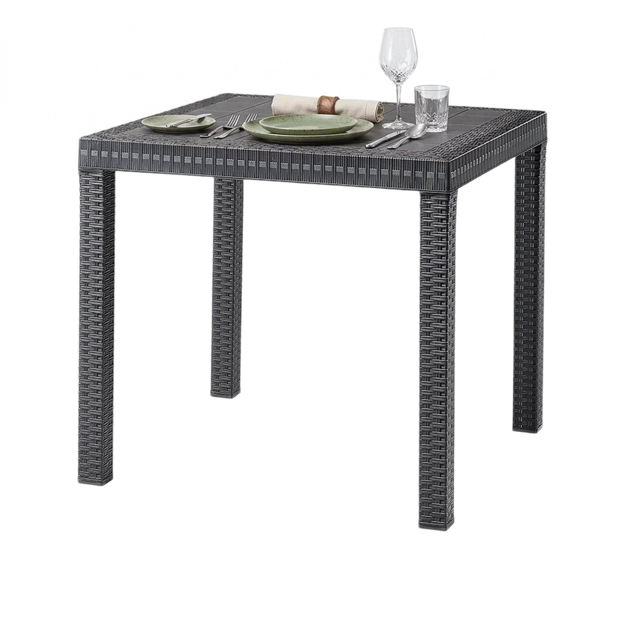 Dmora - Table d'extérieur Marte, Etagère carrée fixe, Table de jardin polyvalente effet rotin, 100% Made in Italy, 80x80h74 cm, Anthracite - Dmora - Imagen 1